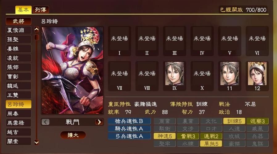 三国志13威力加强版 吕玲绮属性及能力介绍分析攻略